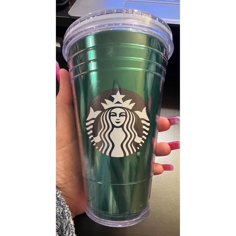 Starbucks Metallic Green Cold Cup Tumbler 16 oz Siren Logo No Straw